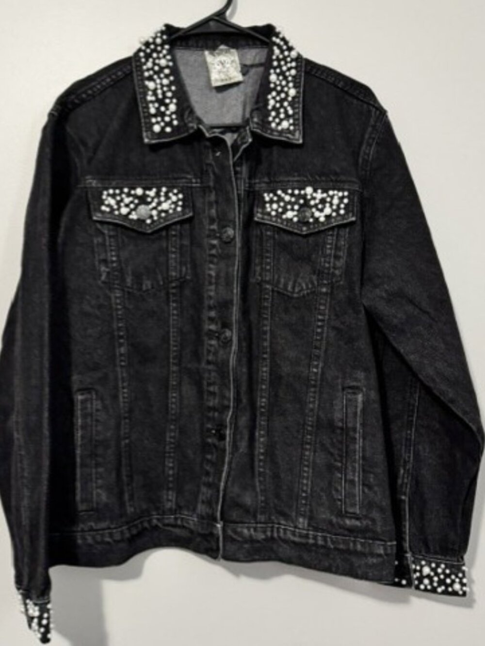 Woman's Vocal Button Down Jean Jacket w Pearl Embellishments Color Black Sz L